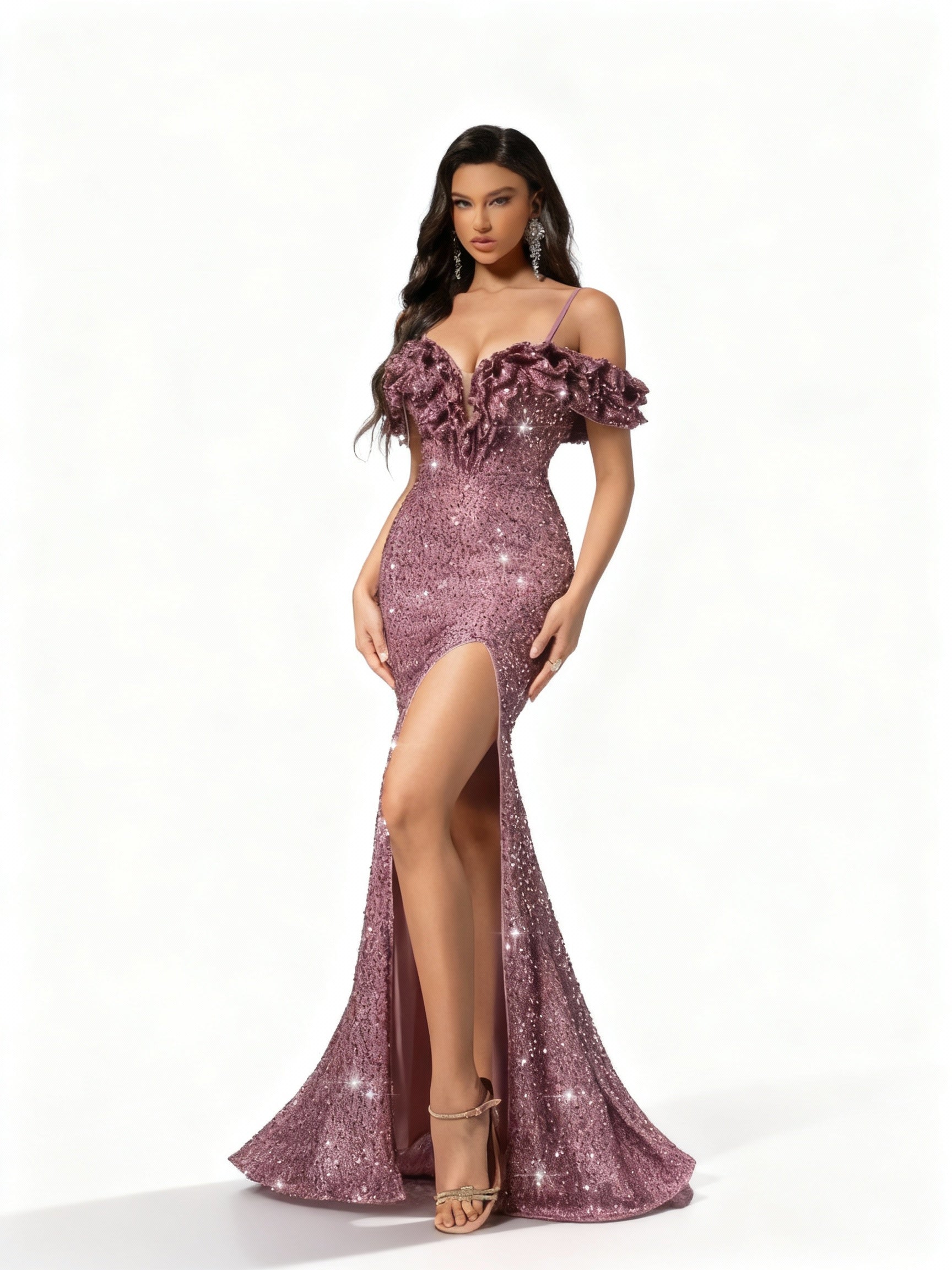 Stalluxe | Rosa trägerloses Paillettenkleid mit Schlitz XL