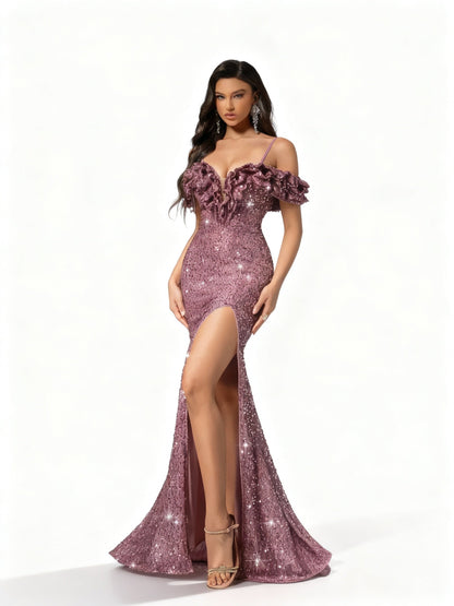 Stalluxe | Rosa trägerloses Paillettenkleid mit Schlitz XL