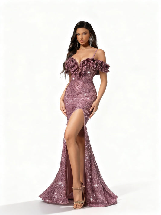 Stalluxe | Rosa trägerloses Paillettenkleid mit Schlitz XL