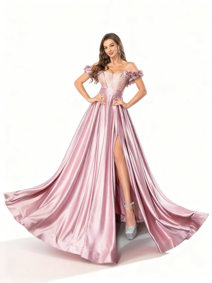 Stalluxe | Feenhaftes rosa schulterfreies Faltenkleid mit Schlitz XL