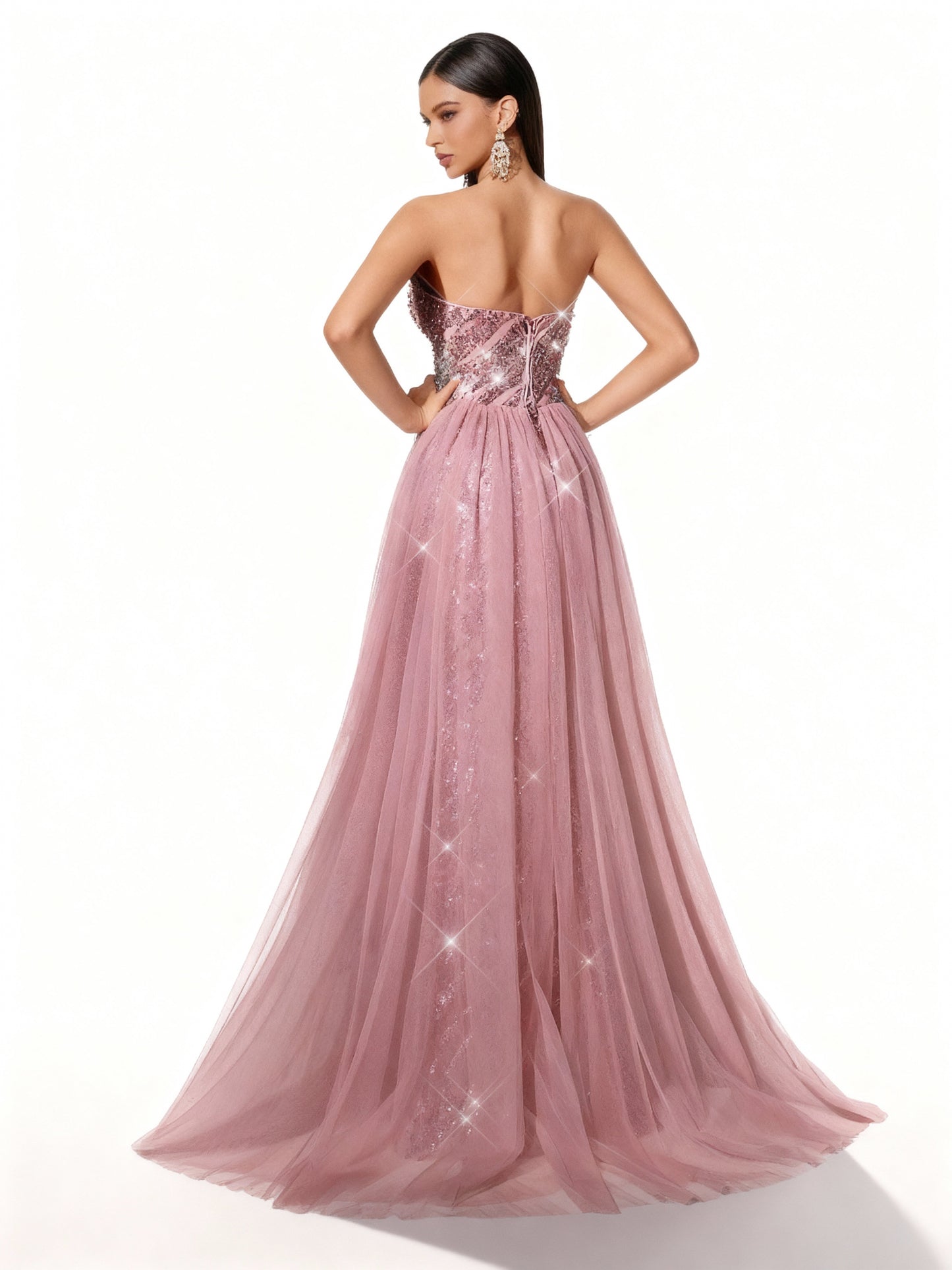 Stalluxe | Rosafarbenes Trägerloses Meshkleid mit Schlitz