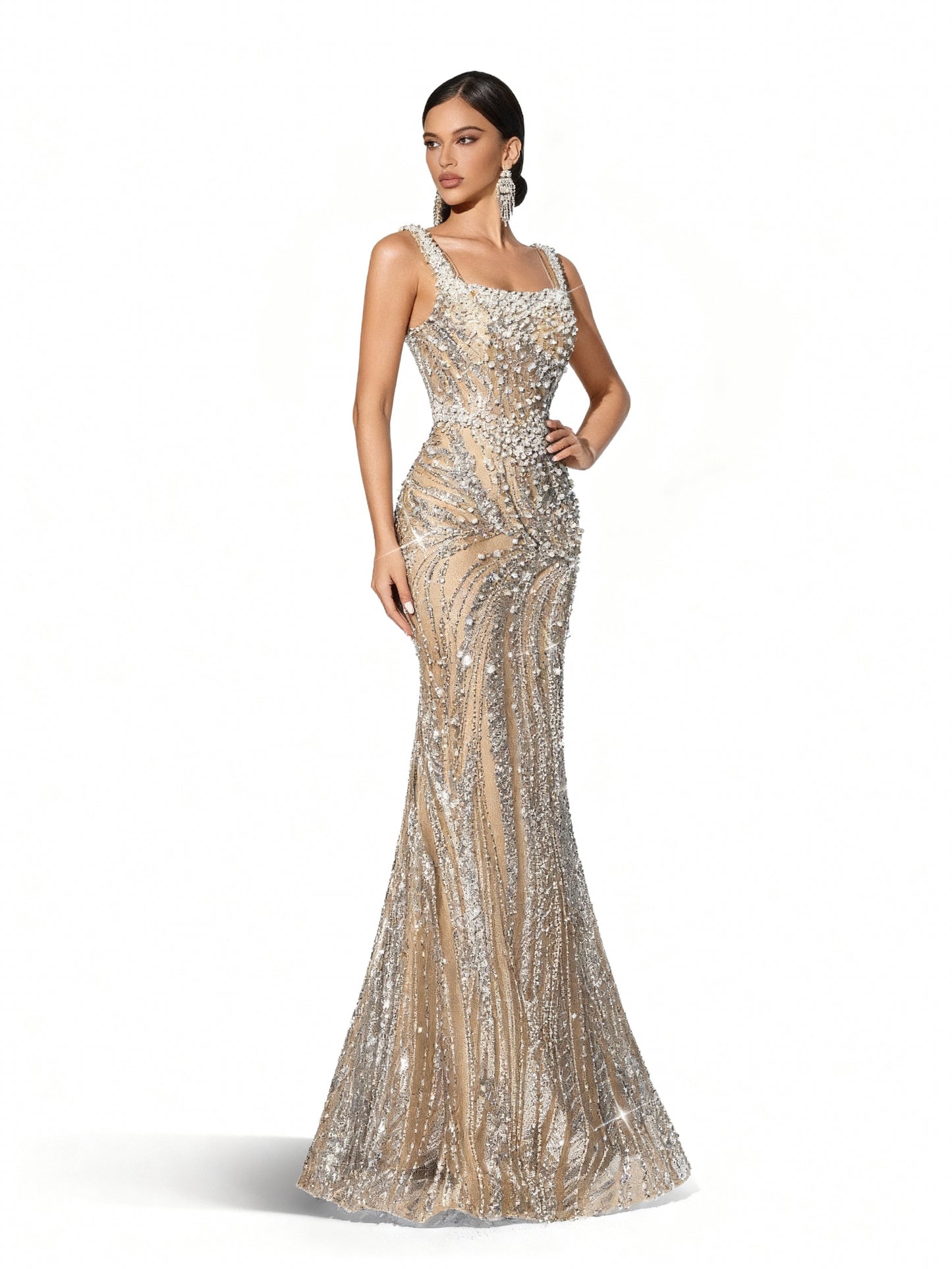 Stalluxe | Glänzendes Abendkleid mit Pailletten und Perlen, rückenfrei und ärmellos im Meerjungfrauenschnitt