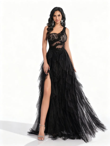 Stalluxe | Einseitiges Spitzen-Mesh-Abendkleid