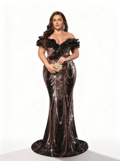 Stalluxe | Schwarzes Blumenmuster-Abendkleid in Meerjungfrauenform in Übergröße