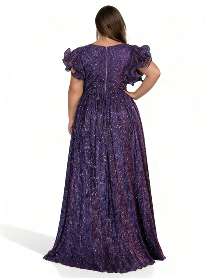 Stalluxe | Abendkleid in Lila mit Falten, Rüschen und kurzen Ärmeln in Übergröße