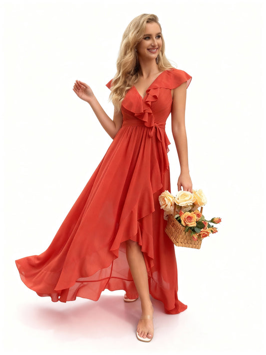 Stalluxe | Elegantes Brautjungfernkleid in Korallenorange mit V-Ausschnitt und Rüschen-Details XL