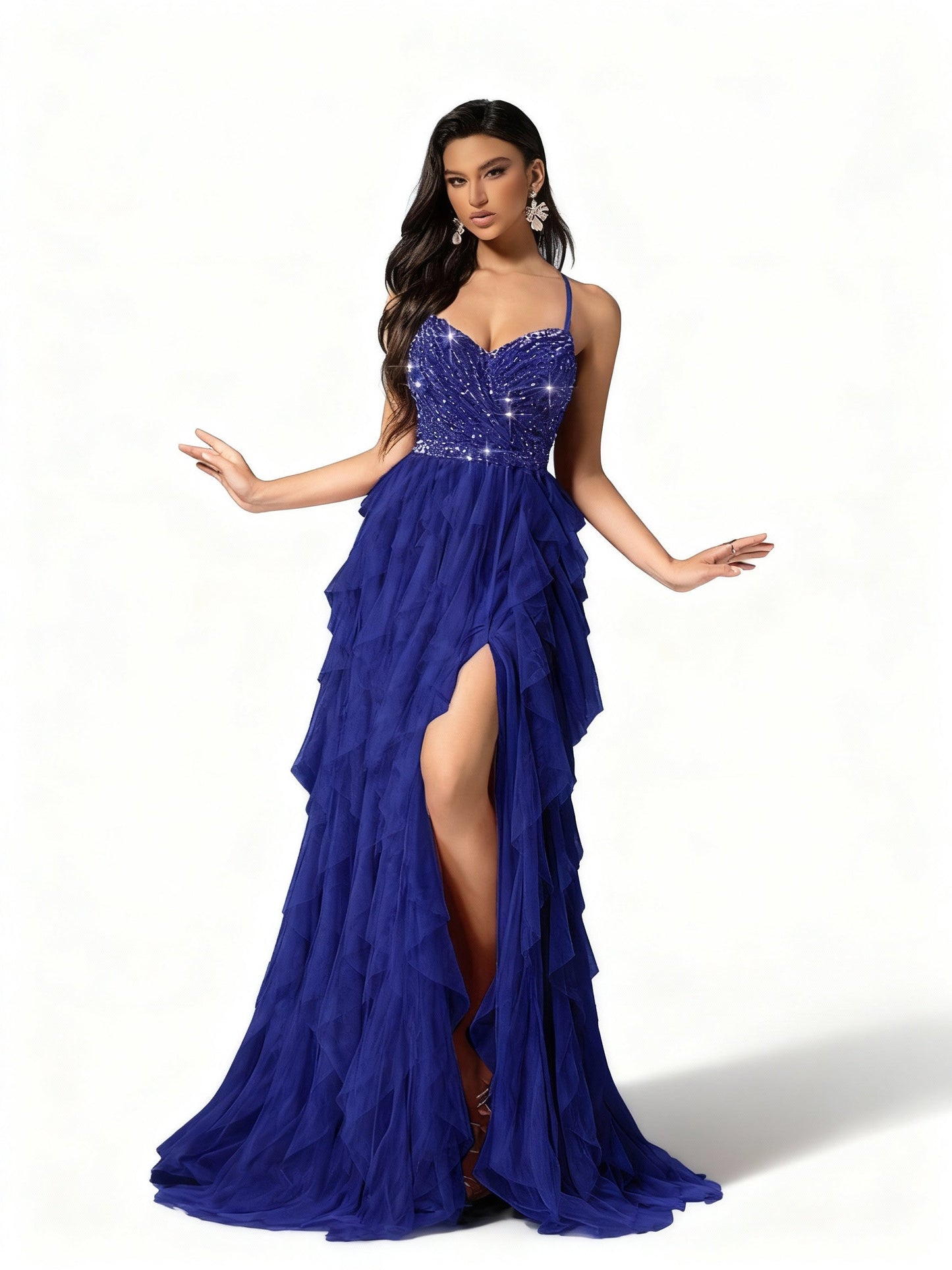 Stalluxe | Romantisches Rückenkleid aus Mesh und Pailletten Kobaltblau