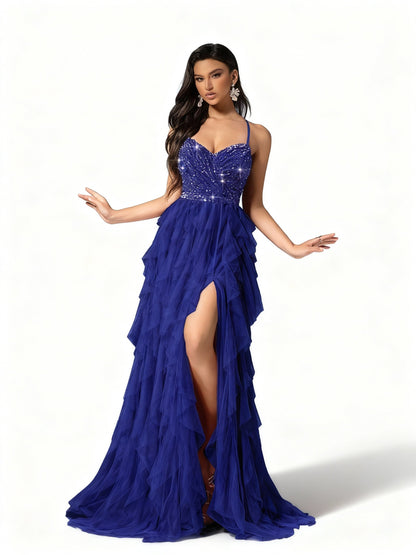 Stalluxe | Romantisches Rückenkleid aus Mesh und Pailletten Kobaltblau