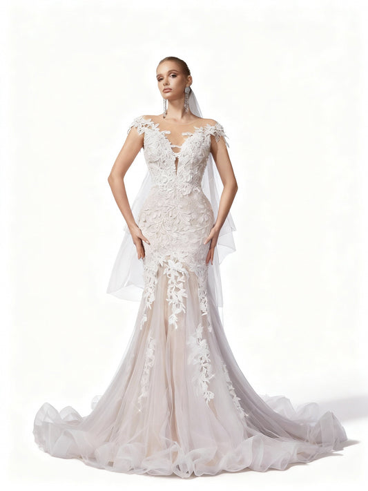 Stalluxe | Göttliches Spitzenapplikations Brautkleid ohne Ärmel