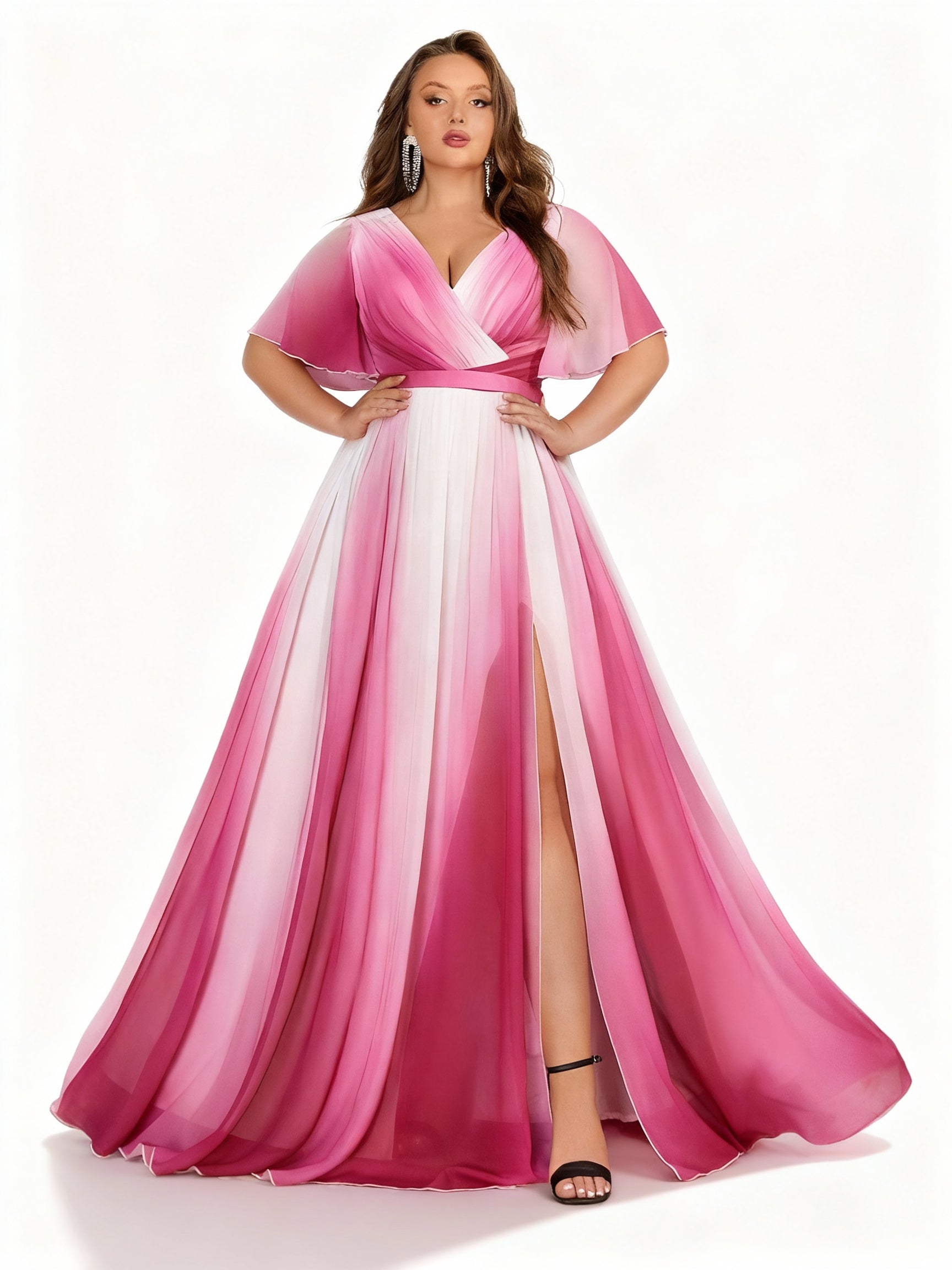 Stalluxe | Elegantes Chiffonkleid in Übergröße mit Farbverlauf, V-Ausschnitt und Schlitz 5XL