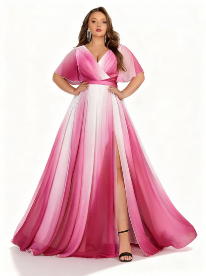 Stalluxe | Elegantes Chiffonkleid in Übergröße mit Farbverlauf, V-Ausschnitt und Schlitz 5XL
