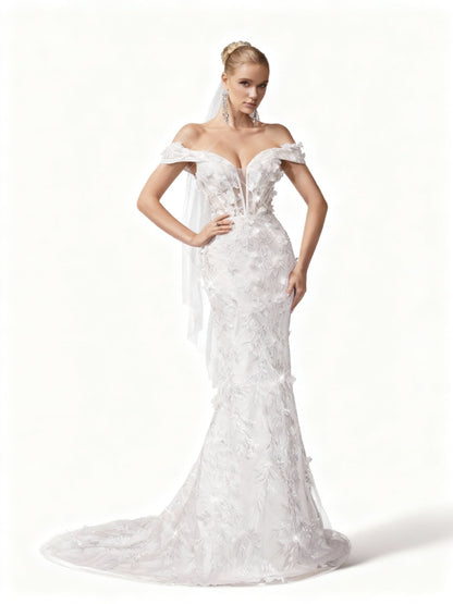 Stalluxe | Romantisches Weißes Schulterfreies Spitzen-Sommer-Brautkleid