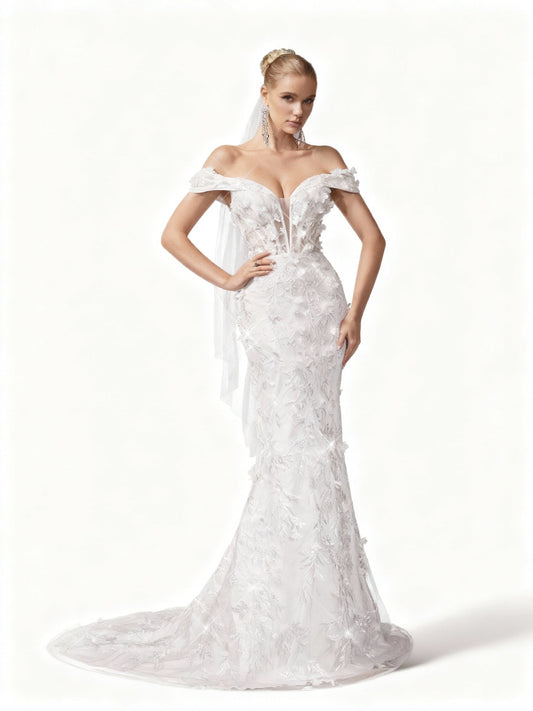 Stalluxe | Romantisches Weißes Schulterfreies Spitzen-Sommer-Brautkleid