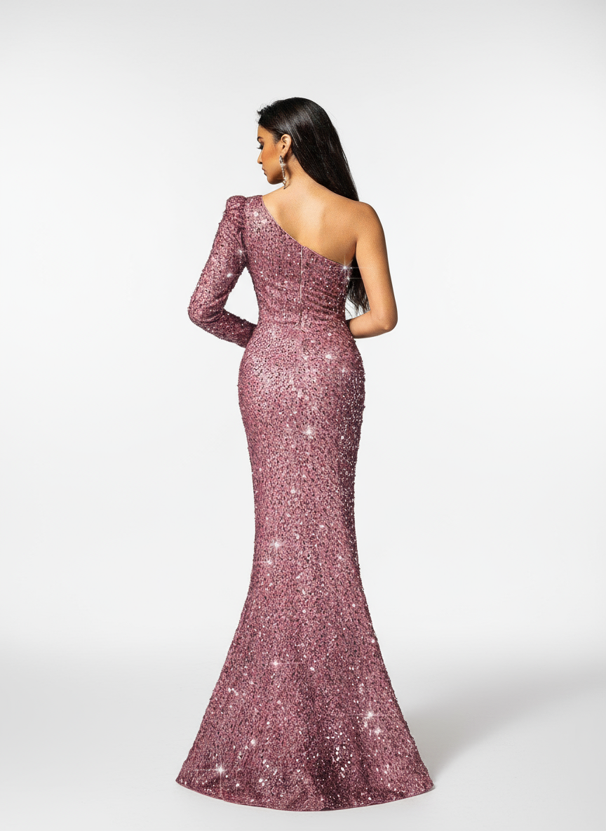 Stalluxe | Modernes Rosa One-Shoulder-Pailletten-Abendkleid mit Langarm