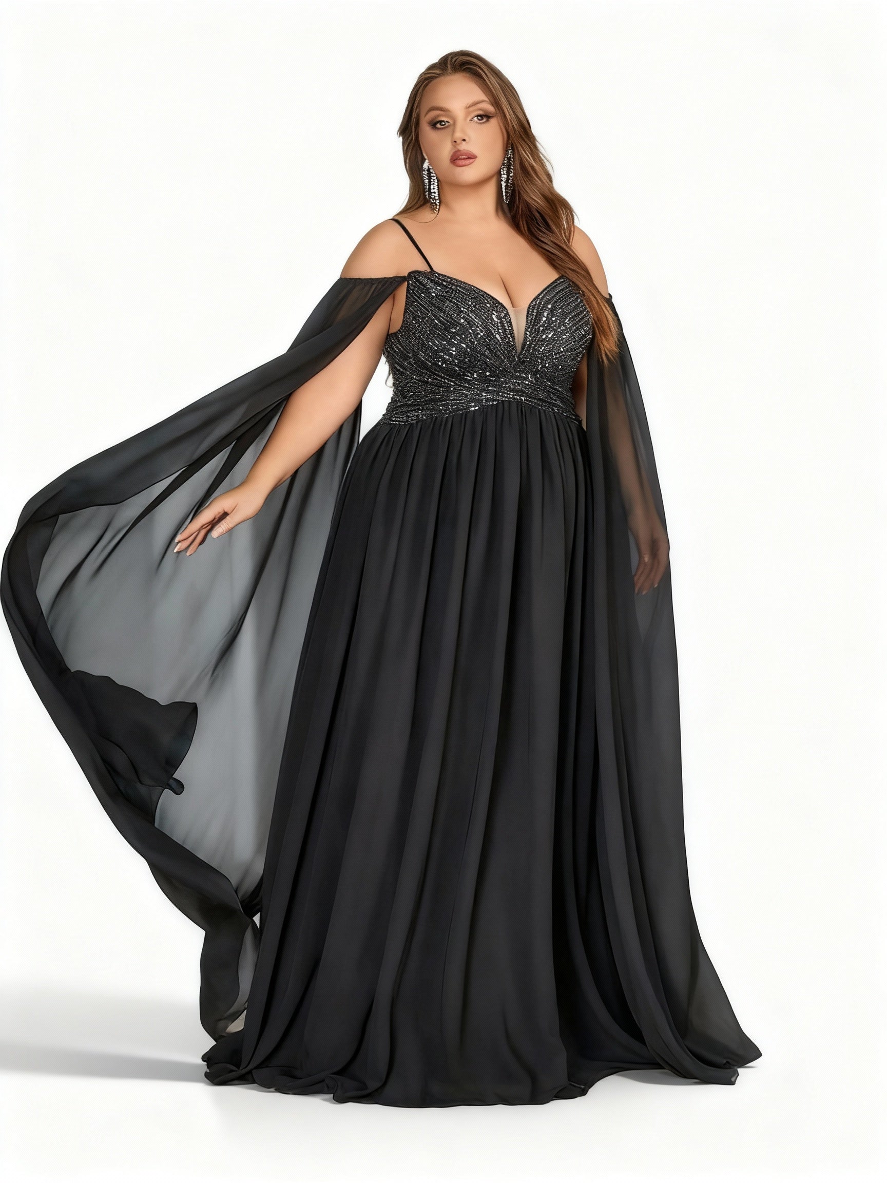 Stalluxe | Göttliches Schwarzes Kleid in Übergröße mit Pailletten und Cape-Ärmeln