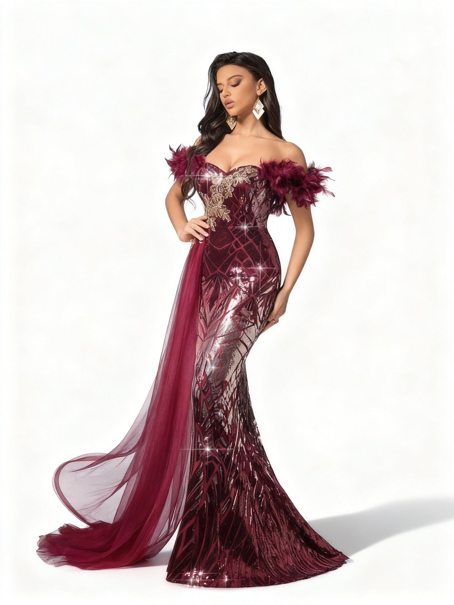 Stalluxe | Burgunderfarbenes One-Shoulder-Kleid mit Federdekor