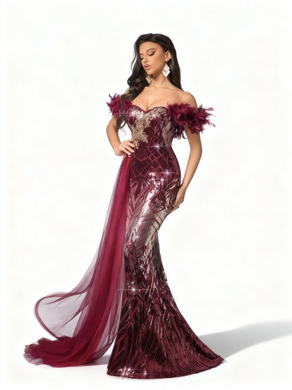 Stalluxe | Burgunderfarbenes One-Shoulder-Kleid mit Federdekor