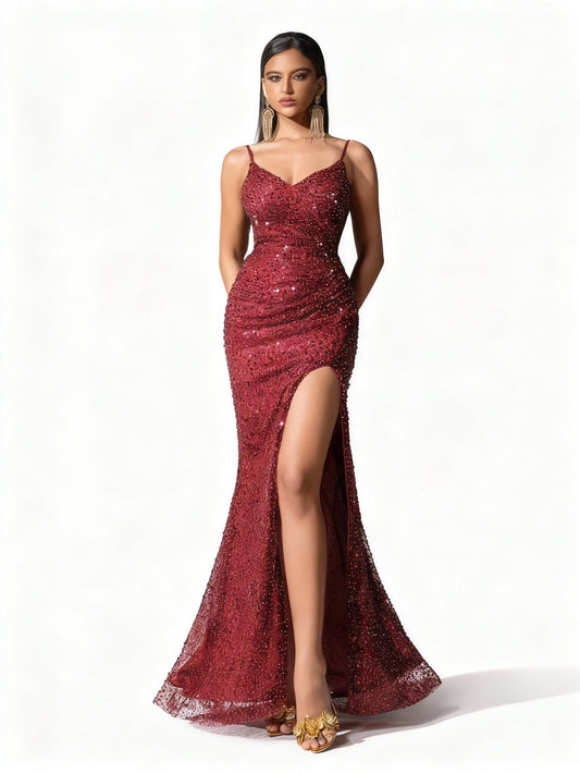 Stalluxe | Burgunderfarbenes Glitzer Abendkleid mit Pailletten und Hohem Schlitz