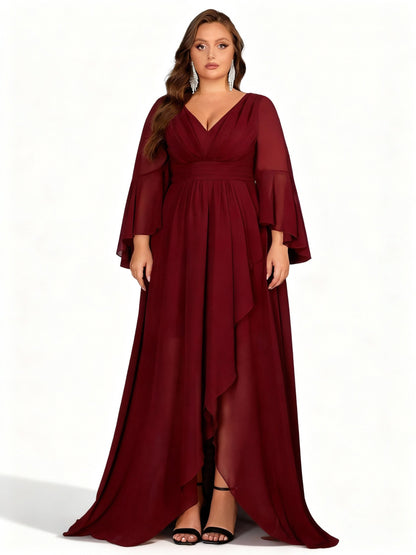 Stalluxe | Burgunderfarbenes Kleid mit Asymmetrischem Saum und Langen Ärmeln