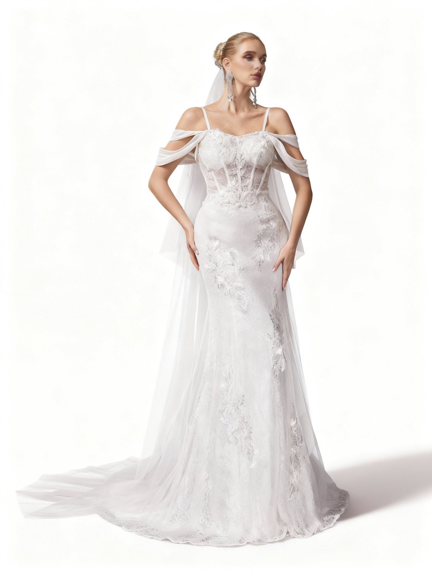 Stalluxe | Elegantes Weißes Besticktes Spitzen-Halter-Brautkleid aus Mesh xl