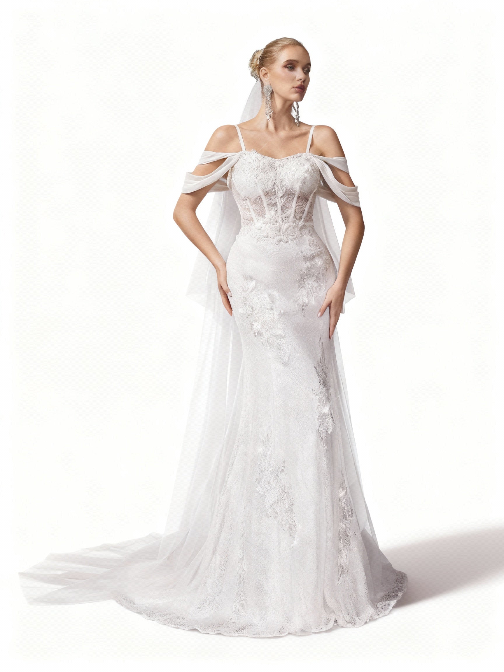 Stalluxe | Elegantes Weißes Besticktes Spitzen-Halter-Brautkleid aus Mesh xl