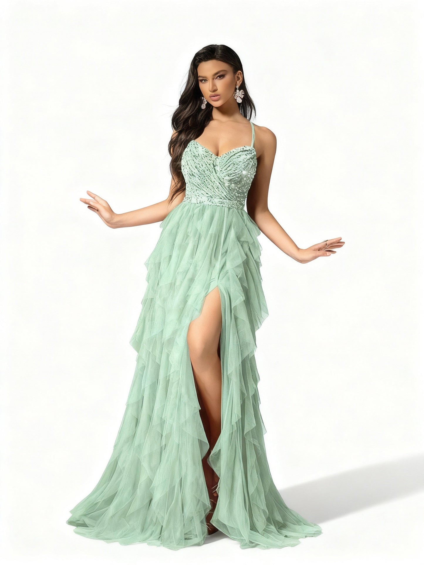 Stalluxe | Romantisches Rückenkleid aus Mesh und Pailletten Mintgrün