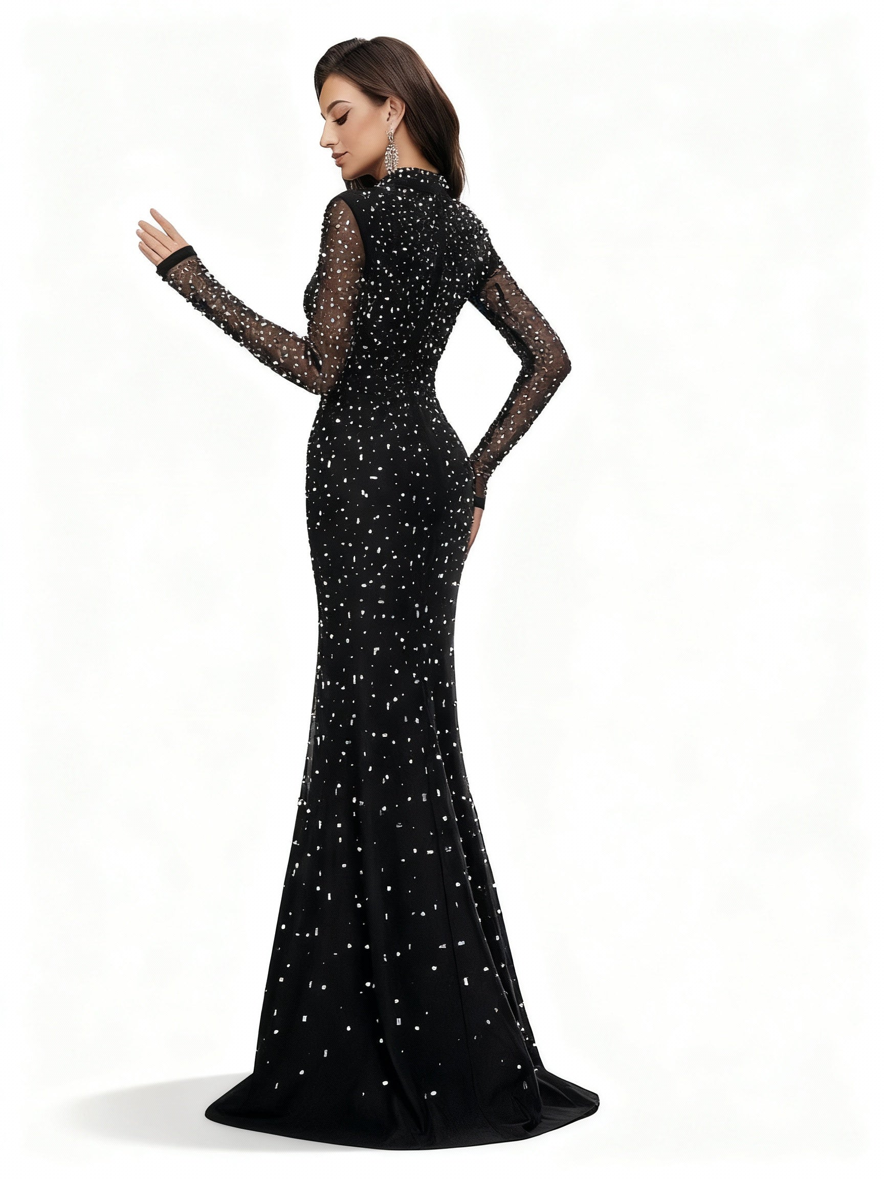 Stalluxe | Klassisches Schwarzes Strass-Abendkleid mit Rundhals und Fishtail-Saum