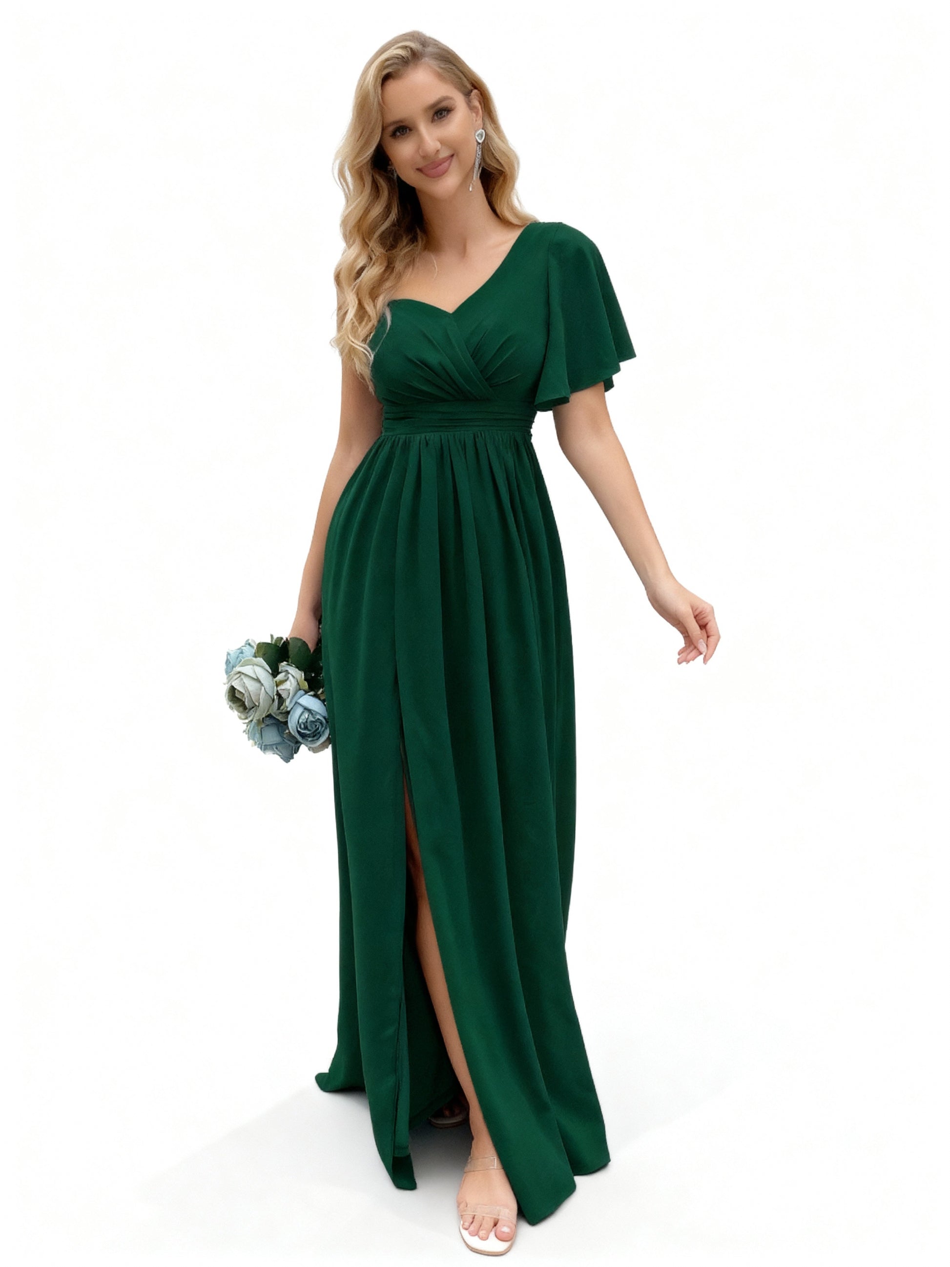 Stalluxe | Ein Schulter Brautjungfernkleid mit Rüschenärmeln Grün