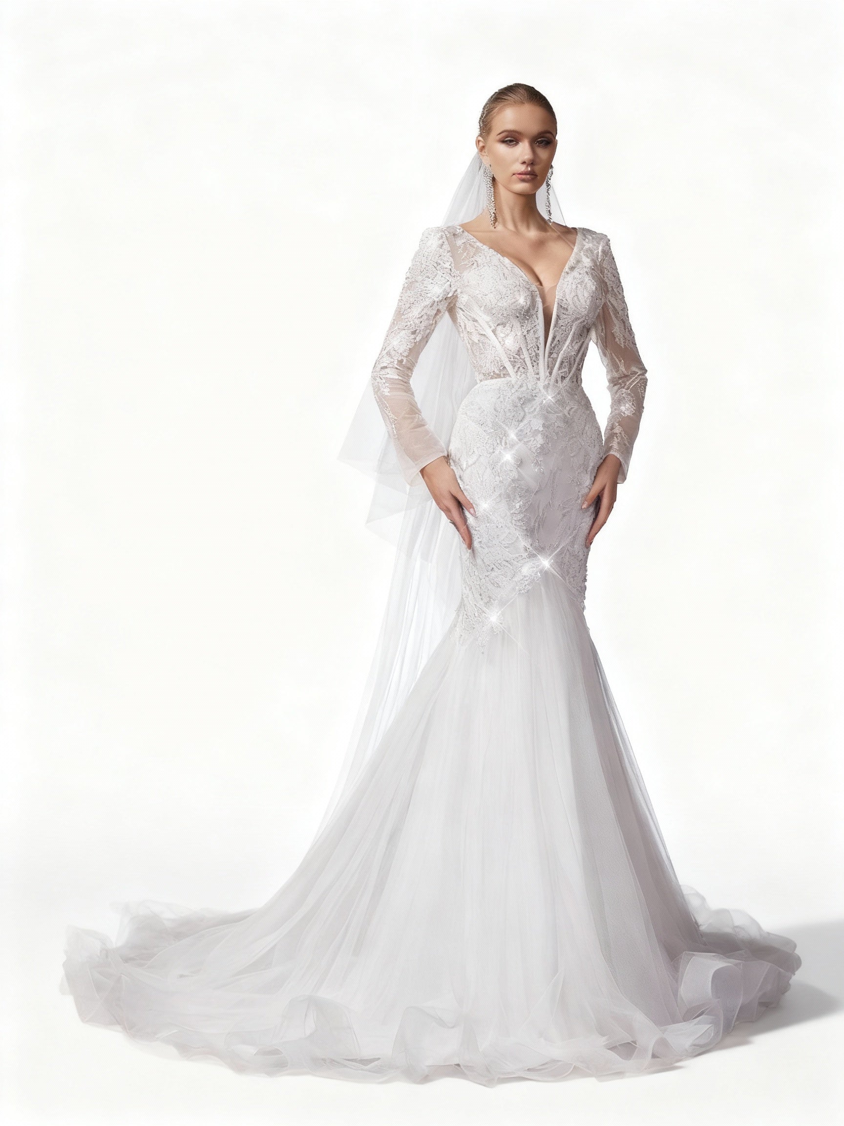 Stalluxe | Romantisches Weißes Spitzen-Brautkleid mit Mesh, V-Ausschnitt und Langarm xl