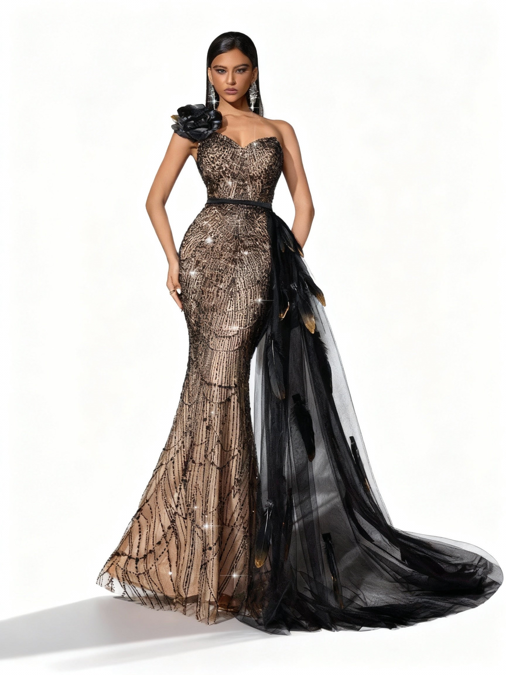 Stalluxe | Göttliches Schwarzes Paillettenkleid mit Applikationen und Asymmetrischem Ausschnitt XL