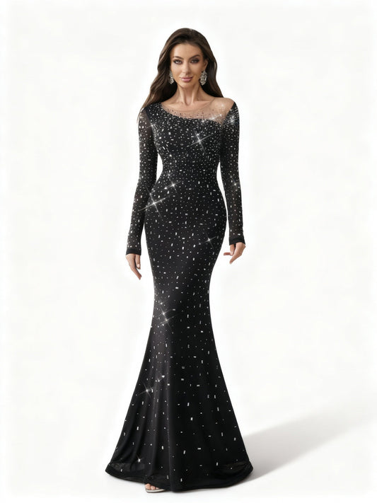 Stalluxe | Elegantes Schwarzes Strass Mesh Langarm Abendkleid