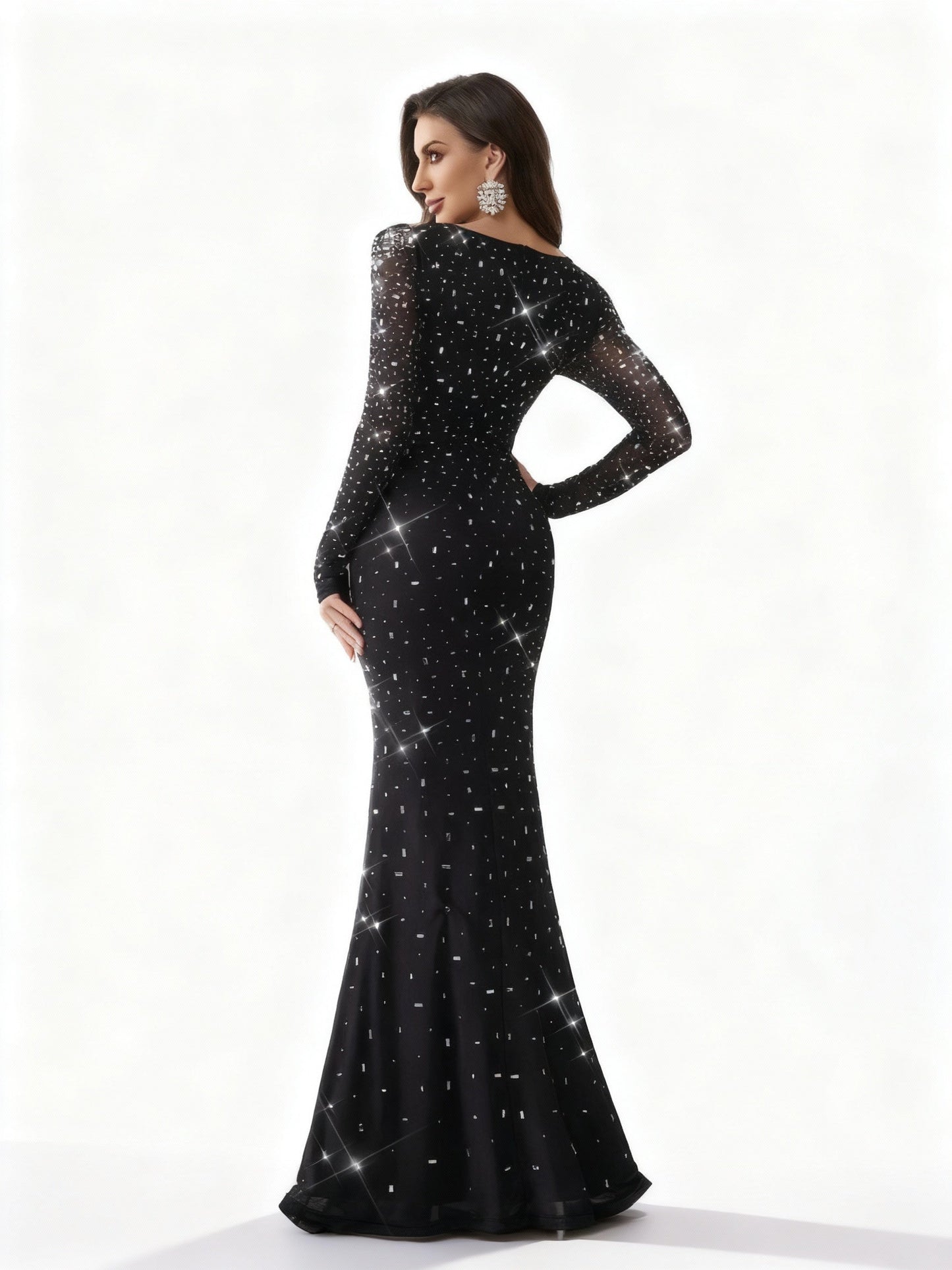 Stalluxe | Elegantes Schwarzes Strass Mesh Langarm Abendkleid