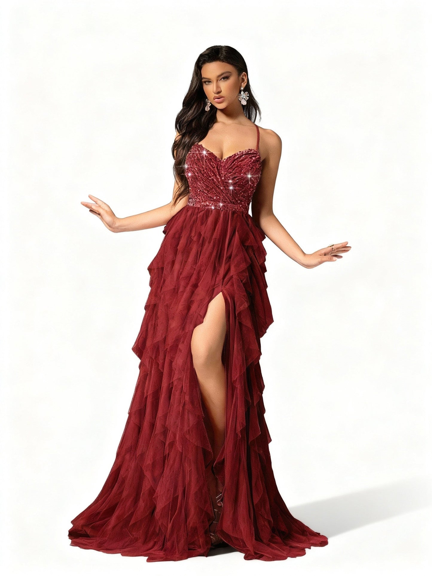 Stalluxe | Romantisches Rückenkleid aus Mesh und Pailletten Weinrot