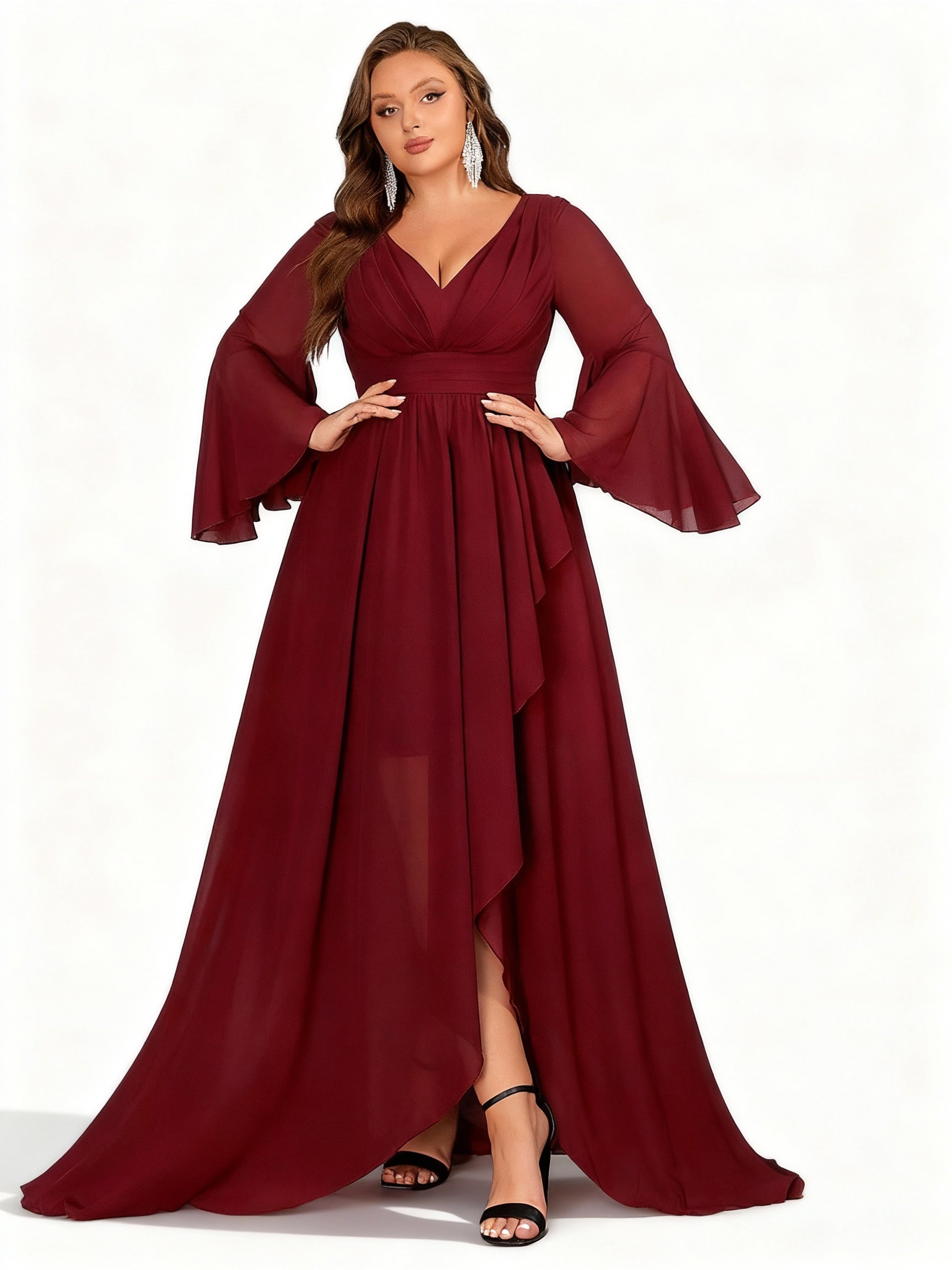 Stalluxe | Burgunderfarbenes Kleid mit Asymmetrischem Saum und Langen Ärmeln 5XL