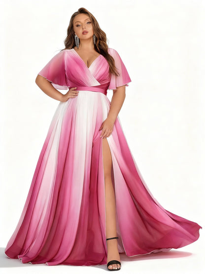 Stalluxe | Elegantes Chiffonkleid in Übergröße mit Farbverlauf, V-Ausschnitt und Schlitz