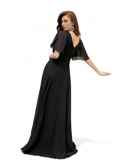 Stalluxe | Elegantes Chiffon-Abendkleid mit Pailletten, V-Ausschnitt und Rüschenärmeln