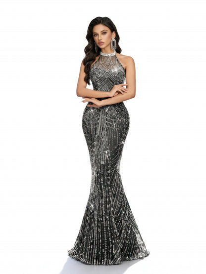 Stalluxe | Champagnerfarbenes Kleid mit Neckholder und Rückenschleife Schwarz