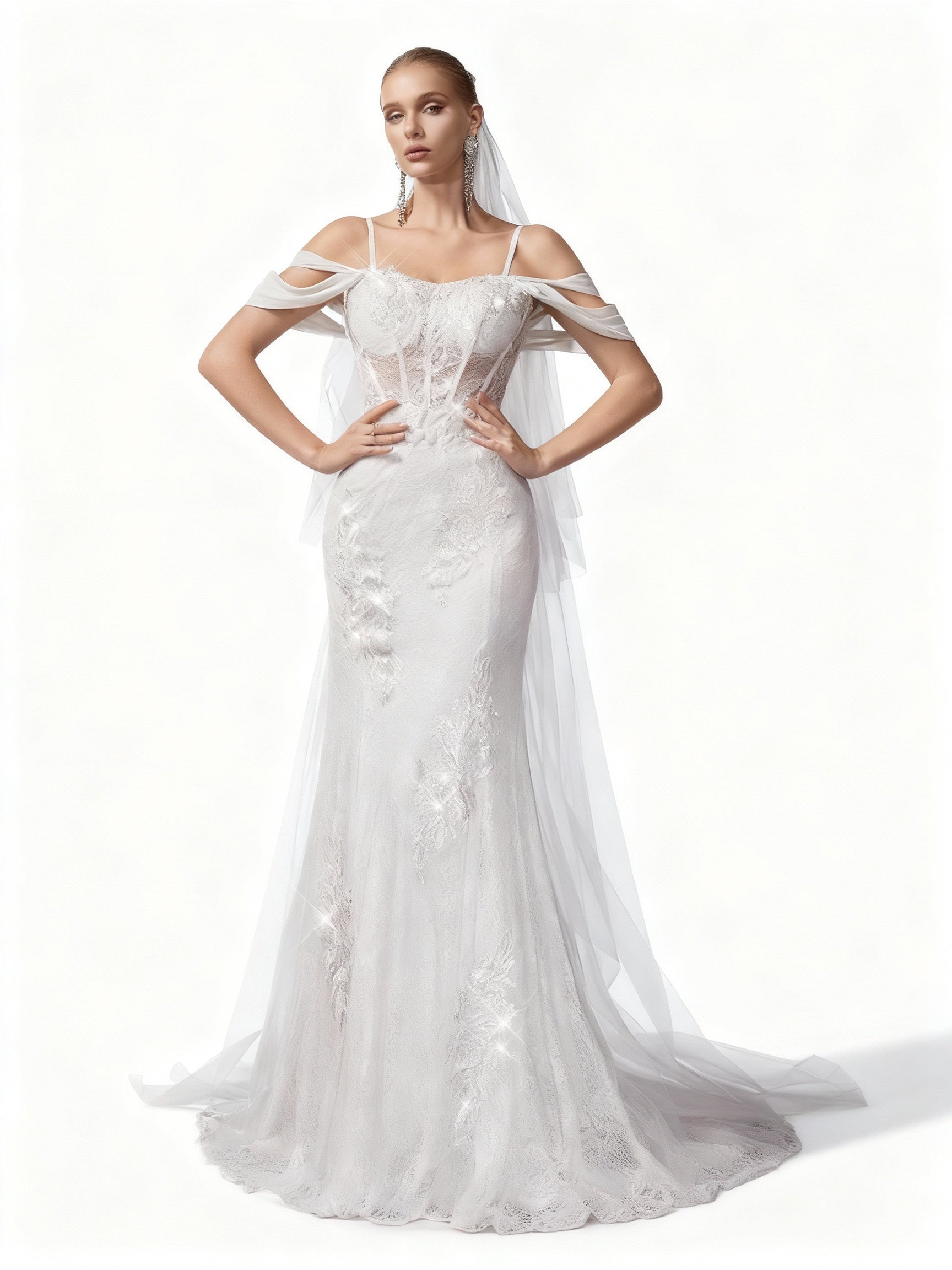 Stalluxe | Elegantes Weißes Besticktes Spitzen-Halter-Brautkleid aus Mesh