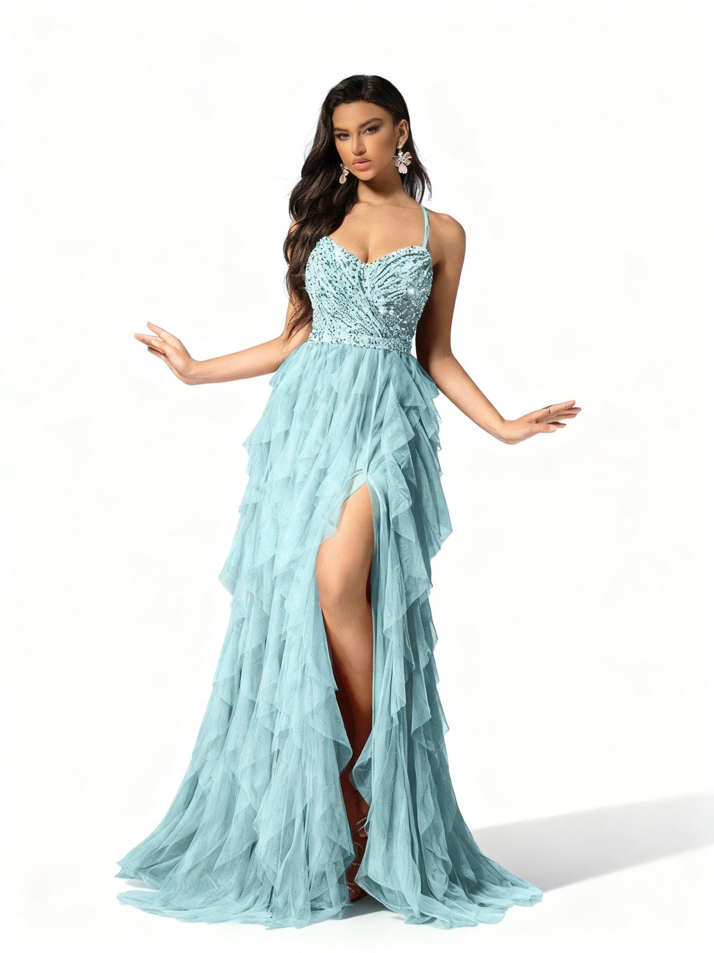 Stalluxe | Romantisches Rückenkleid aus Mesh und Pailletten Minzblau