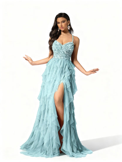 Stalluxe | Romantisches Rückenkleid aus Mesh und Pailletten Minzblau