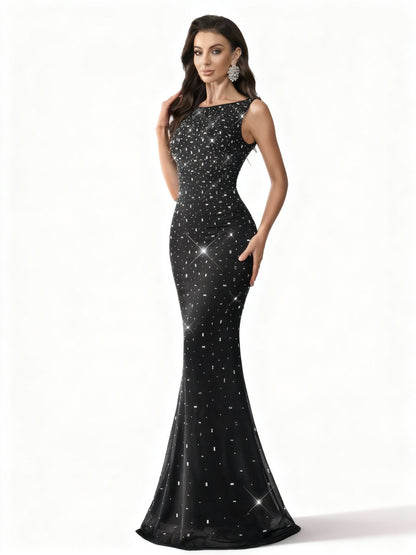 Stalluxe | Luxuriöses Strass-Abendkleid ohne Ärmel mit Rundhalsausschnitt