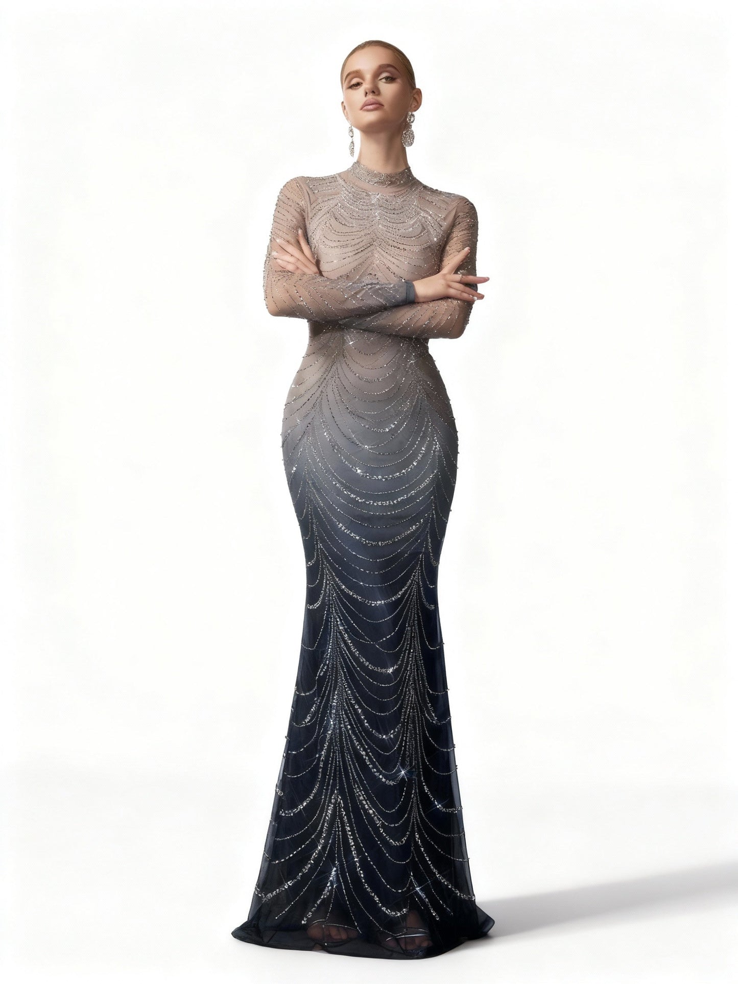 Stalluxe | Abendkleid mit Farbverlauf, Strass und Stehkragen