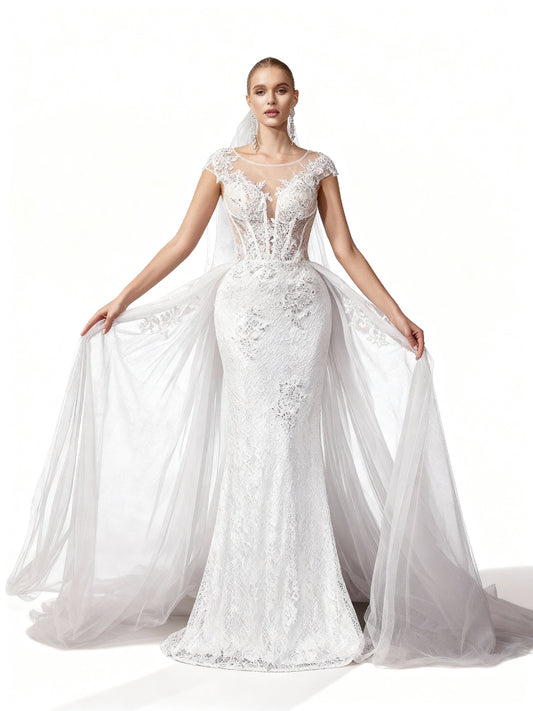 Stalluxe | Elegantes Weißes Brautkleid mit Mesh und Boot-Ausschnitt XL