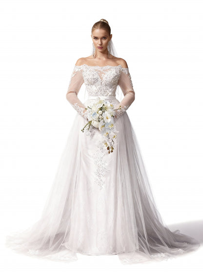 Stalluxe | Träumerisches Weißes Spitzen-Brautkleid mit Schulterfreiem Mesh-Design und Langarm