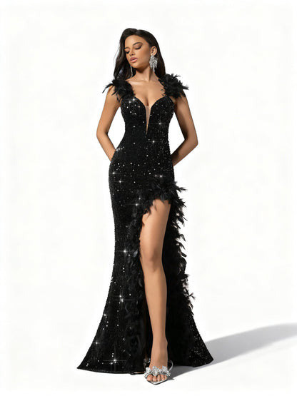 Stalluxe | Elegantes tiefes V-Ausschnitt-Paillettenkleid