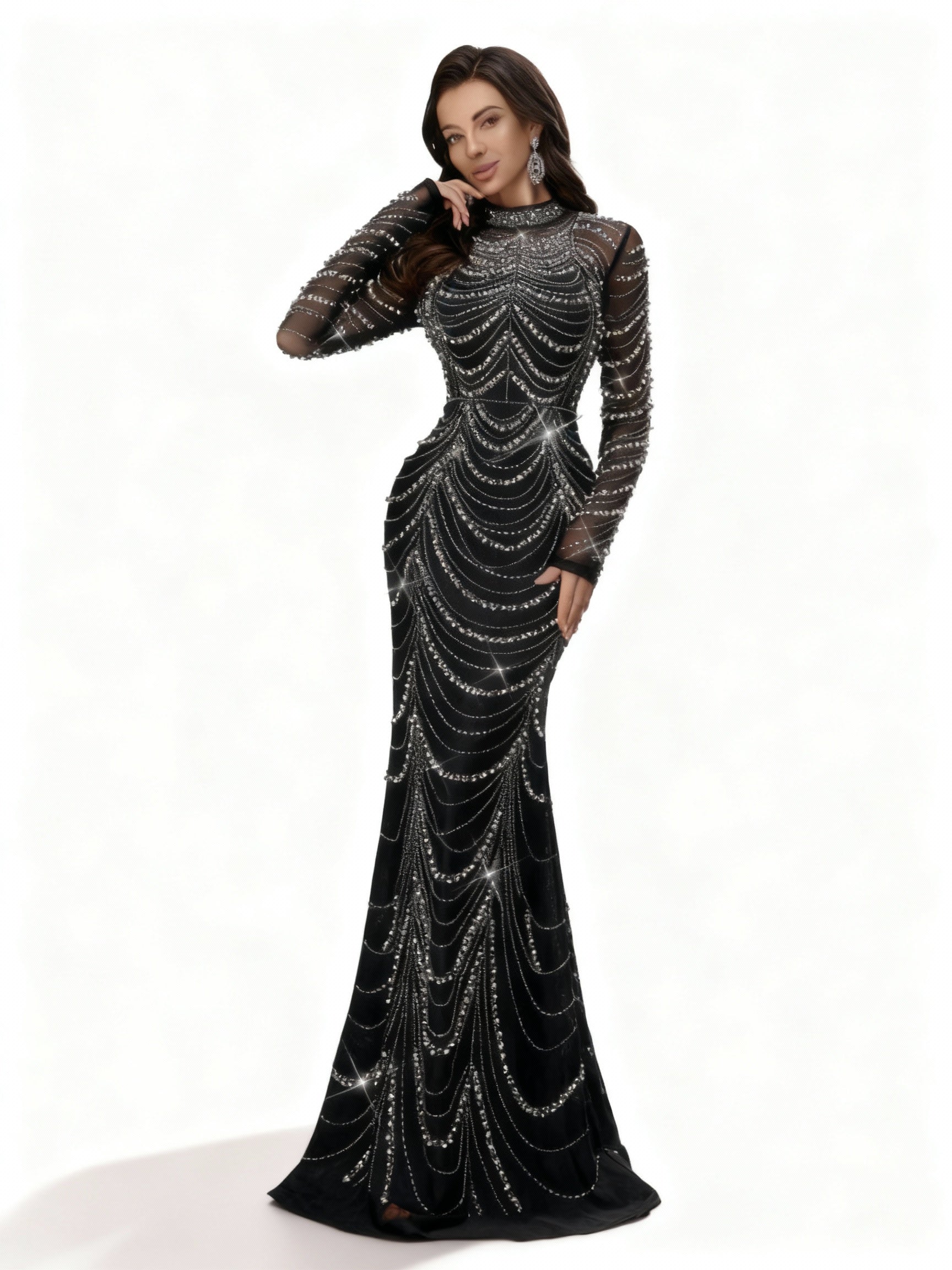 Stalluxe | Elegantes Schwarzes Abendkleid mit Strass, Stehkragen und Schlitz