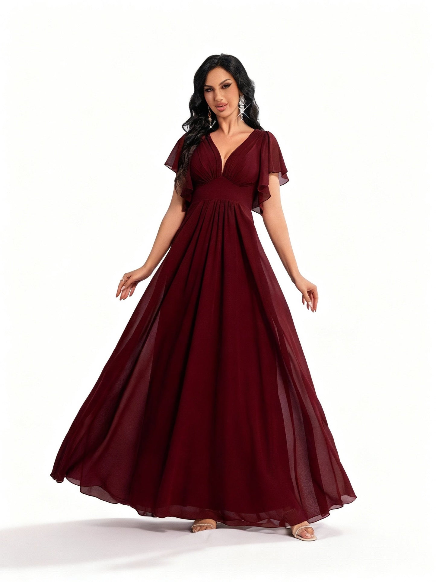Stalluxe | Schlichtes Burgunderrotes Chiffon-Abendkleid mit V-Ausschnitt xl