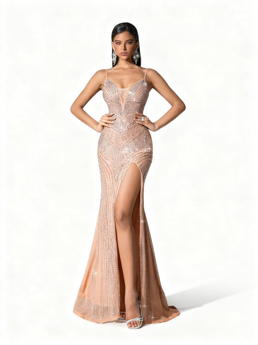 Stalluxe | Schickes Apricotfarbenes Spaghettiträger-Strass-Partykleid xl