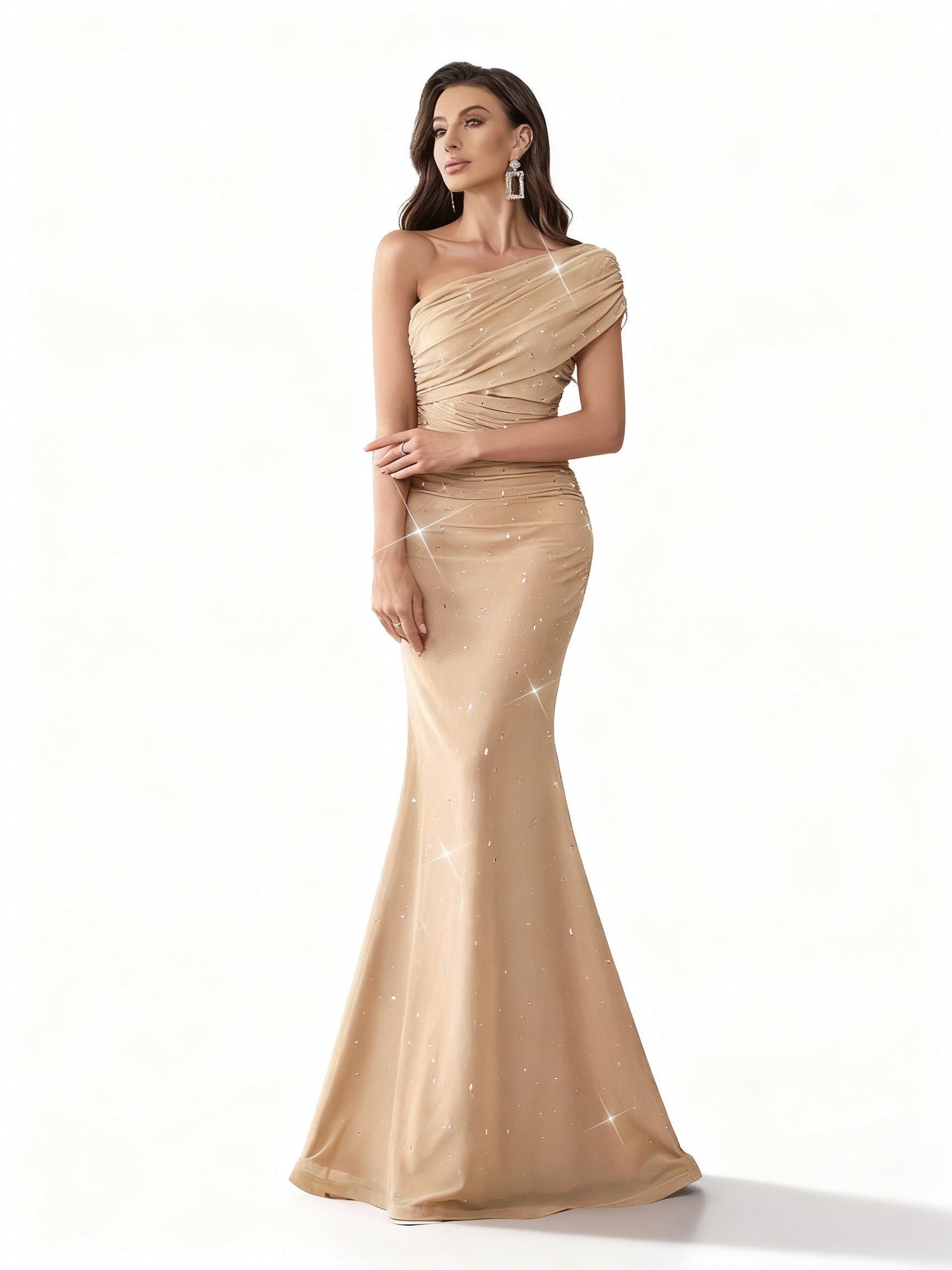 Stalluxe | Charmantes Farbverlauf Strass Asymmetrischer Ausschnitt Abendkleid aprikoSe