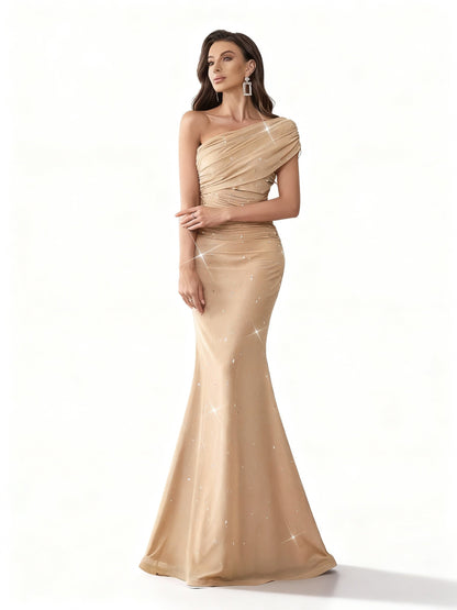 Stalluxe | Charmantes Farbverlauf Strass Asymmetrischer Ausschnitt Abendkleid aprikoSe